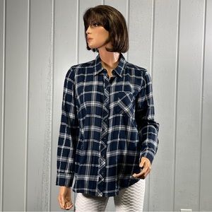 *Faded Glory Women'sNavy Blue Plaid Glitter Button Up Top Size M